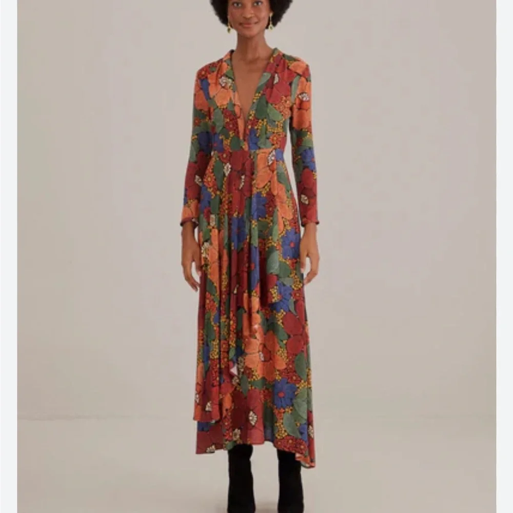 Farm Rio Black Stitched Flowers V Neck Maxi Dress from Anthropologie- Size Large - Picture 10 of 16